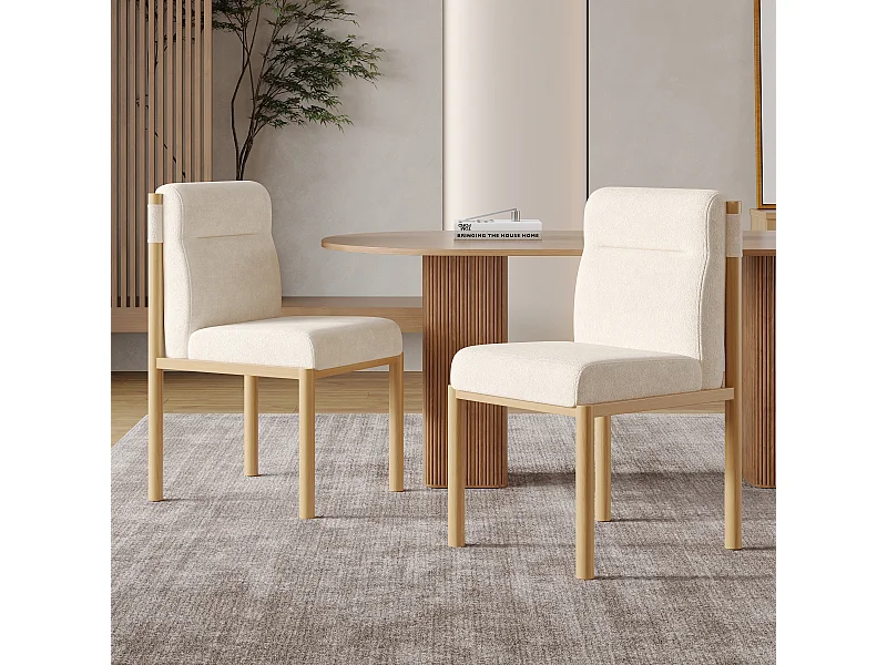 Set di 2 sedie da pranzo - 46 x 52 x 80,5 cm - struttura effetto rovere e sedute imbottite - tessuto sherpa - beige.