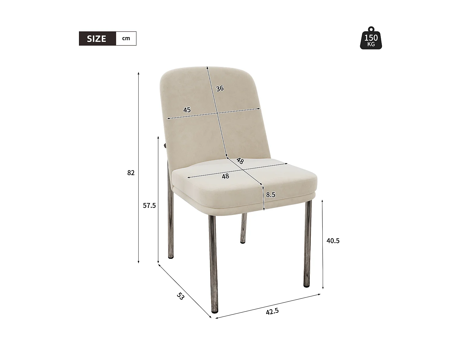 Komplet 6 krzeseł do jadalni - 42,5 x 53 x 82 cm - z grubymi poduszkami na siedziskach i srebrnymi metalowymi nogami - aksamit - beż