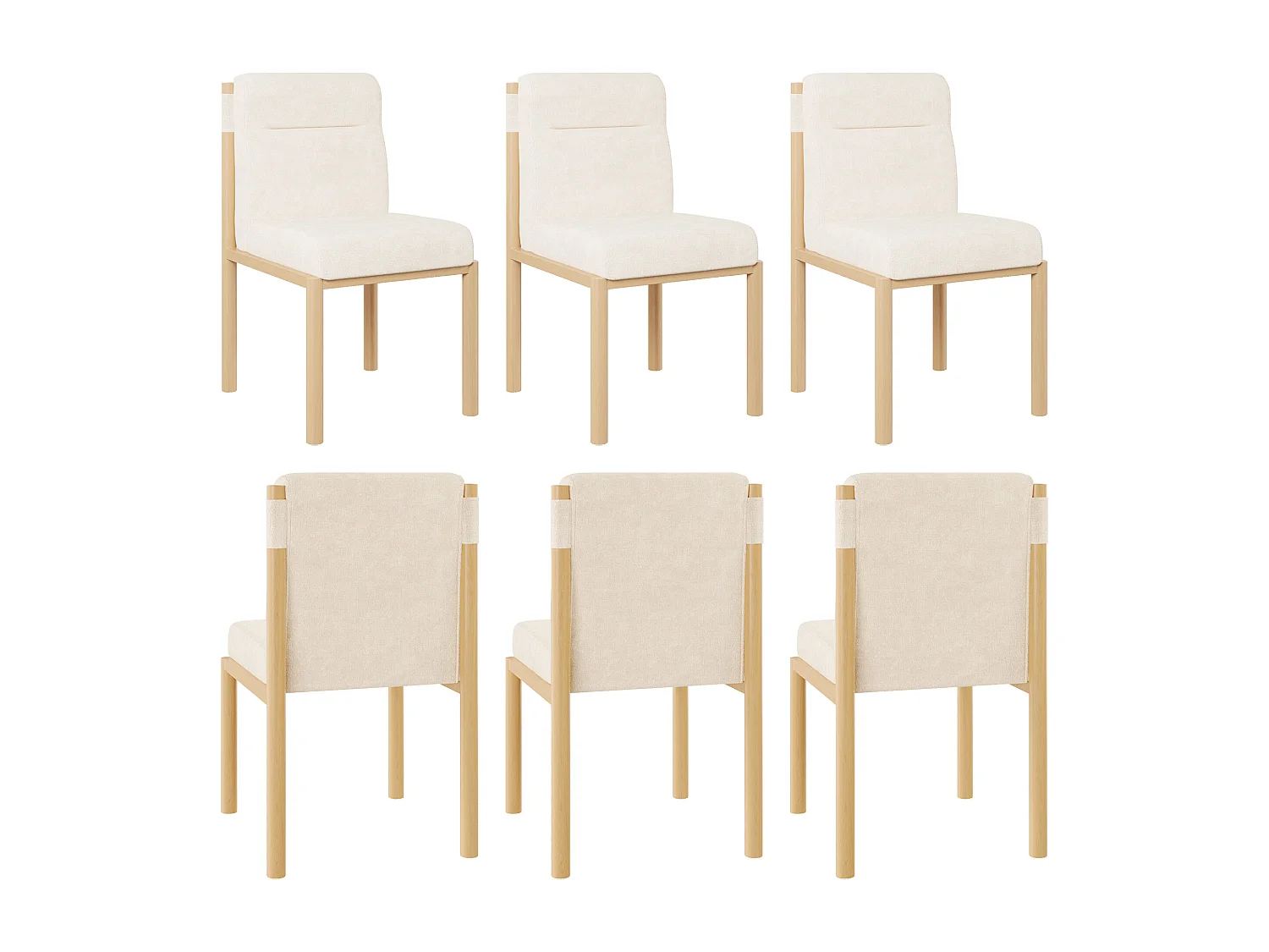 Lot de 6 chaises de salle à manger - 46 x 52 x 80.5 cm - structure effet chêne et assises rembourrées - tissu sherpa - beige.