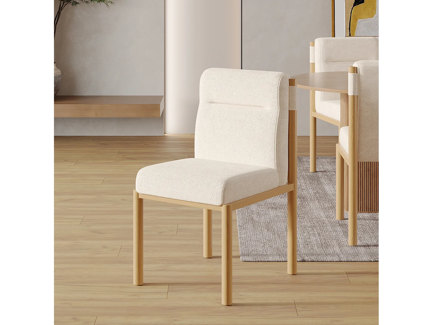 Lot de 6 chaises de salle à manger - 46 x 52 x 80.5 cm - structure effet chêne et assises rembourrées - tissu sherpa - beige.