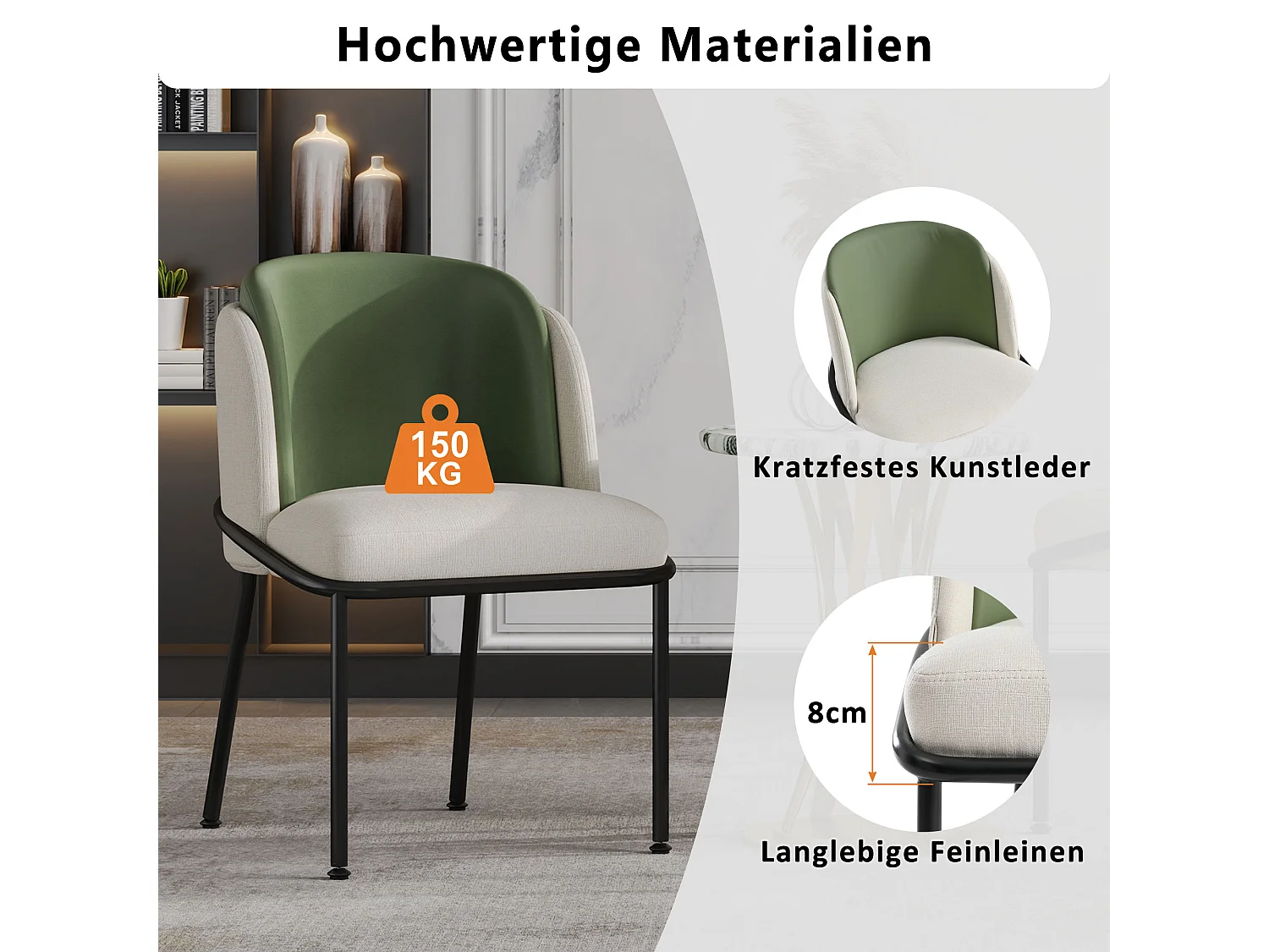 Lot de 2 chaises modernes à pieds inclinés - 55 x 55 x 85 cm - pieds noirs - métal + bois - beige + vert