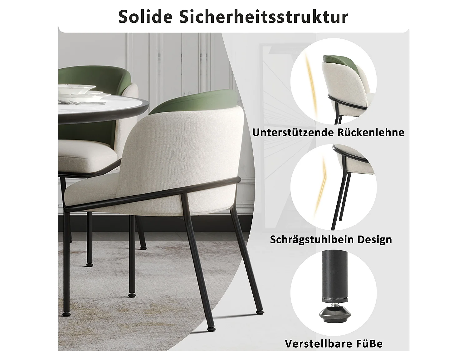 Lot de 2 chaises modernes à pieds inclinés - 55 x 55 x 85 cm - pieds noirs - métal + bois - beige + vert