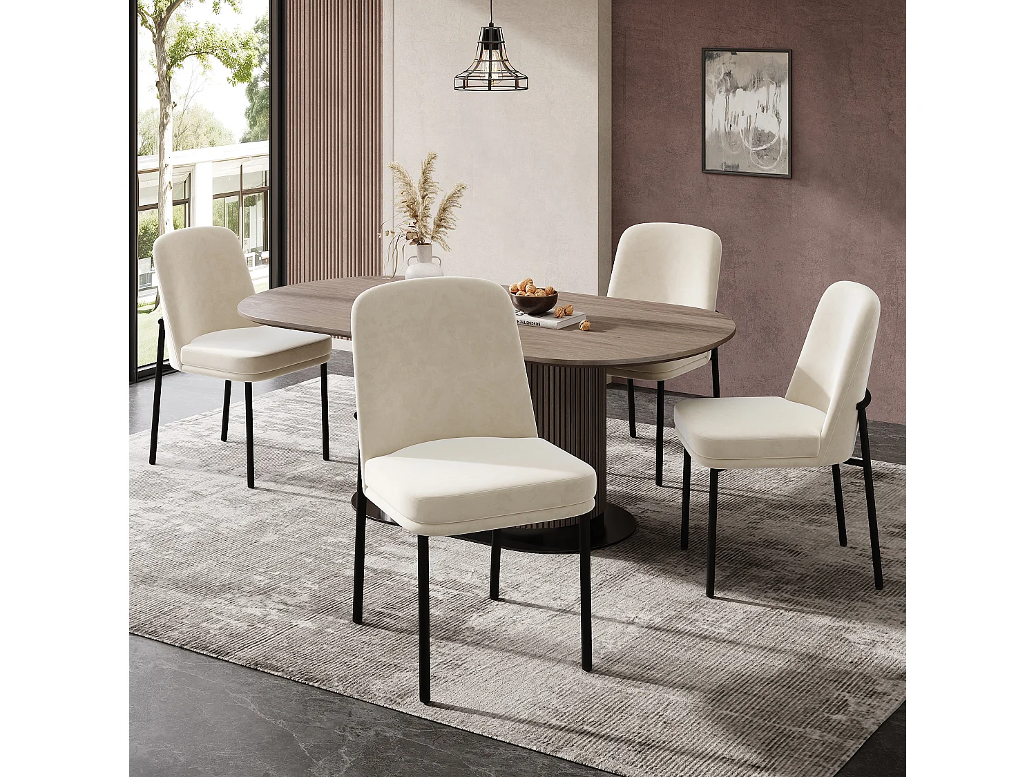 Set van 4 eetkamerstoelen - 42,5 x 53 x 82 cm - met dikke zitkussens en zwarte metalen poten - fluweel - beige