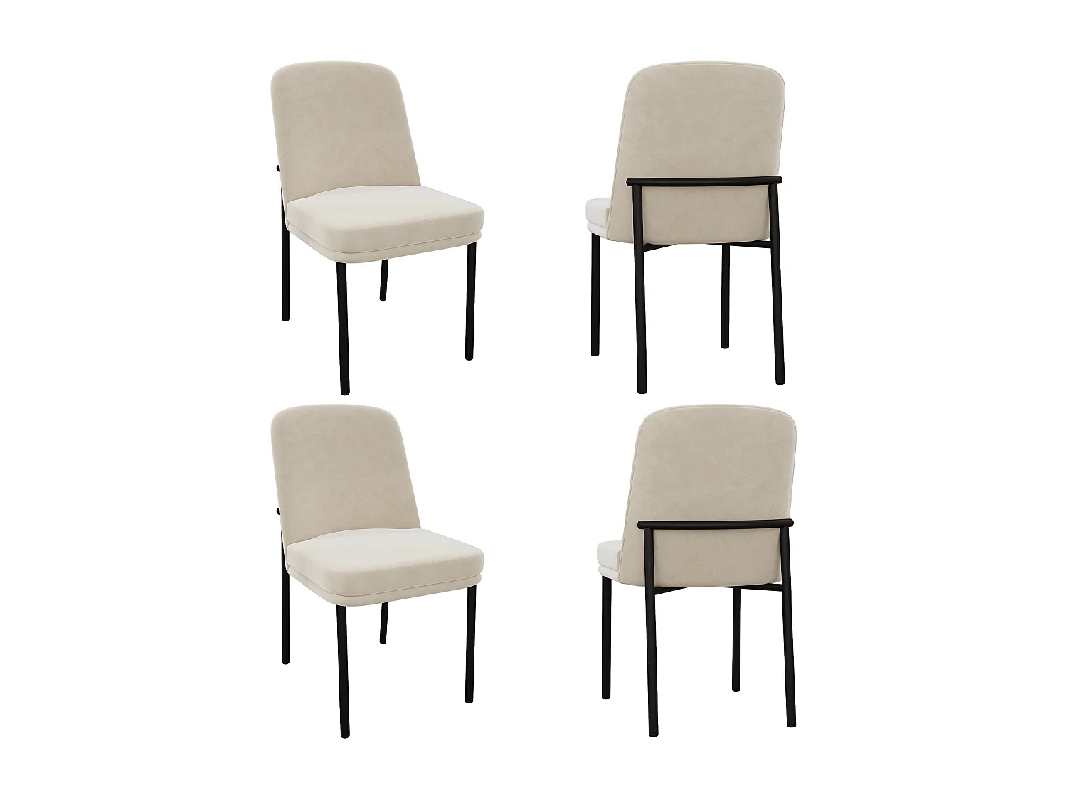 Set van 4 eetkamerstoelen - 42,5 x 53 x 82 cm - met dikke zitkussens en zwarte metalen poten - fluweel - beige