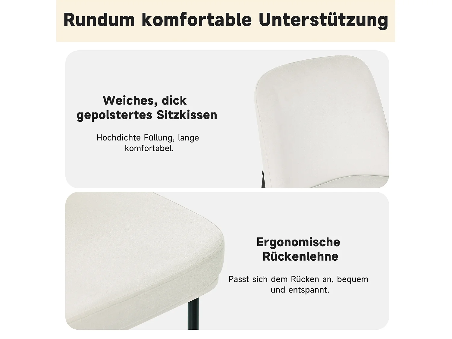 Set van 4 eetkamerstoelen - 42,5 x 53 x 82 cm - met dikke zitkussens en zwarte metalen poten - fluweel - beige