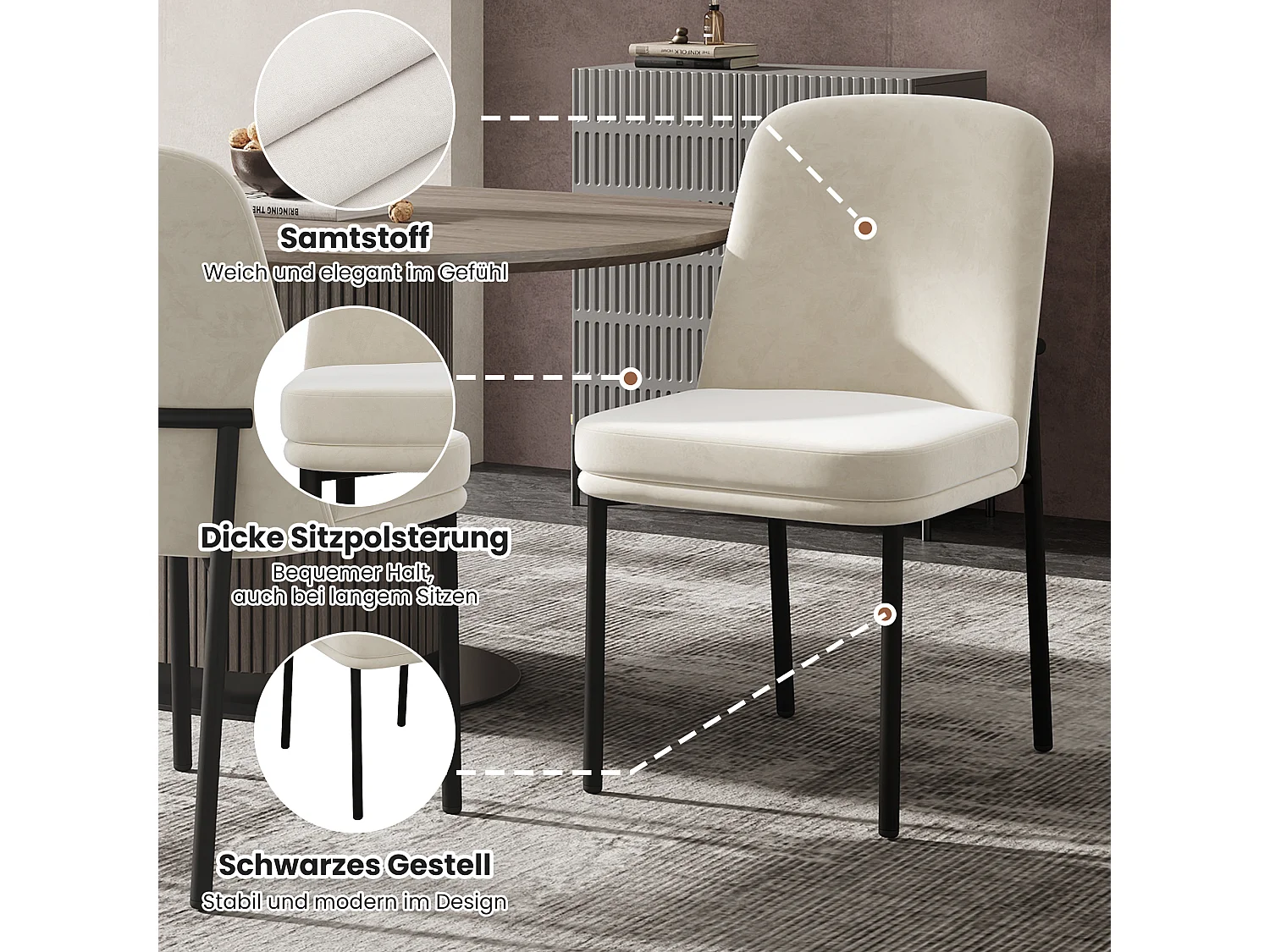 Set van 4 eetkamerstoelen - 42,5 x 53 x 82 cm - met dikke zitkussens en zwarte metalen poten - fluweel - beige