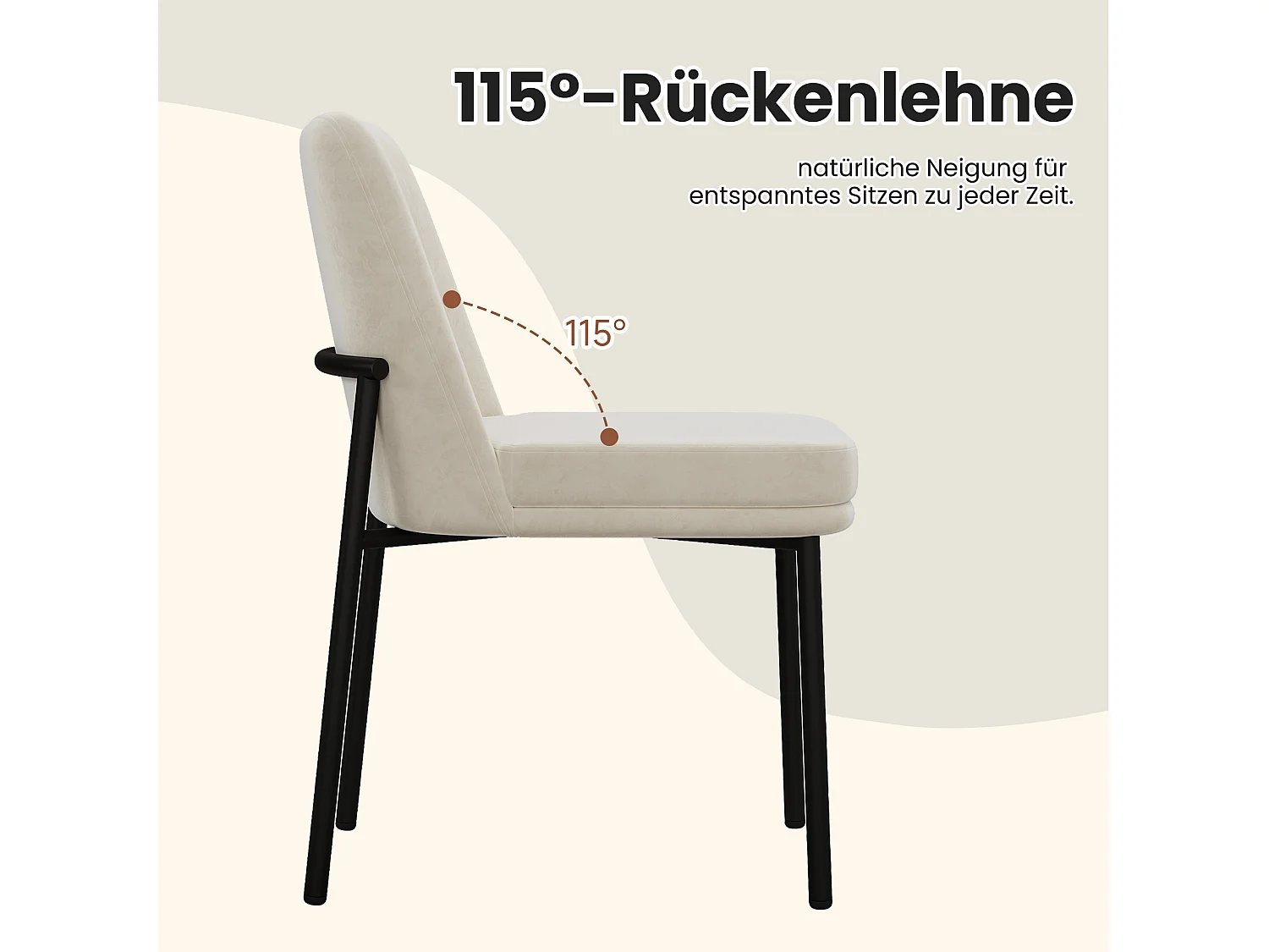 Set van 4 eetkamerstoelen - 42,5 x 53 x 82 cm - met dikke zitkussens en zwarte metalen poten - fluweel - beige