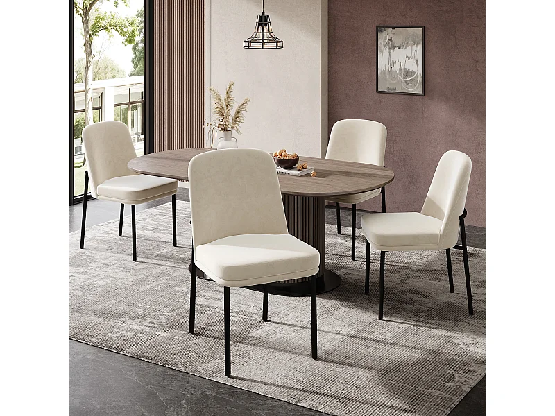 Set van 4 eetkamerstoelen - 42,5 x 53 x 82 cm - met dikke zitkussens en zwarte metalen poten - fluweel - beige