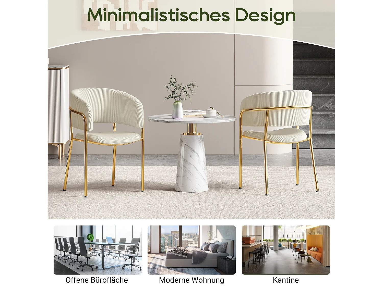 Set van 6 moderne stoelen met schuine poten - 55 x 55 x 80 cm - gouden poten - voor de woonkamer en eetkamer - metaal + hout - beige