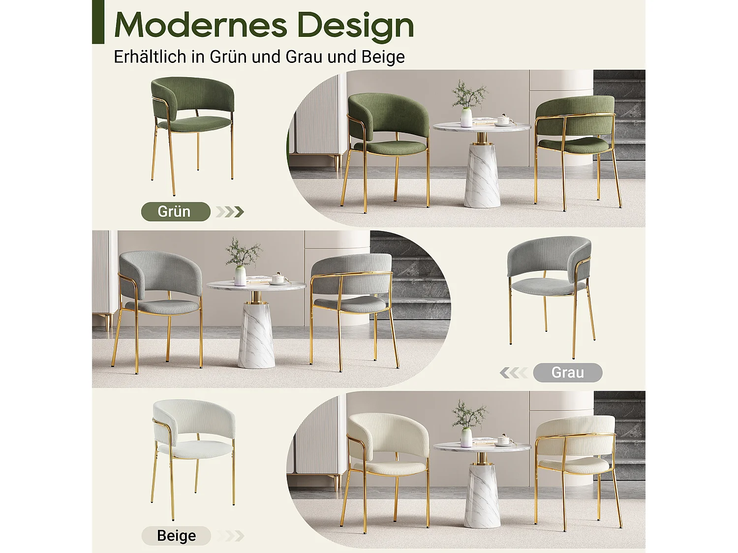 Set van 6 moderne stoelen met schuine poten - 55 x 55 x 80 cm - gouden poten - voor de woonkamer en eetkamer - metaal + hout - beige