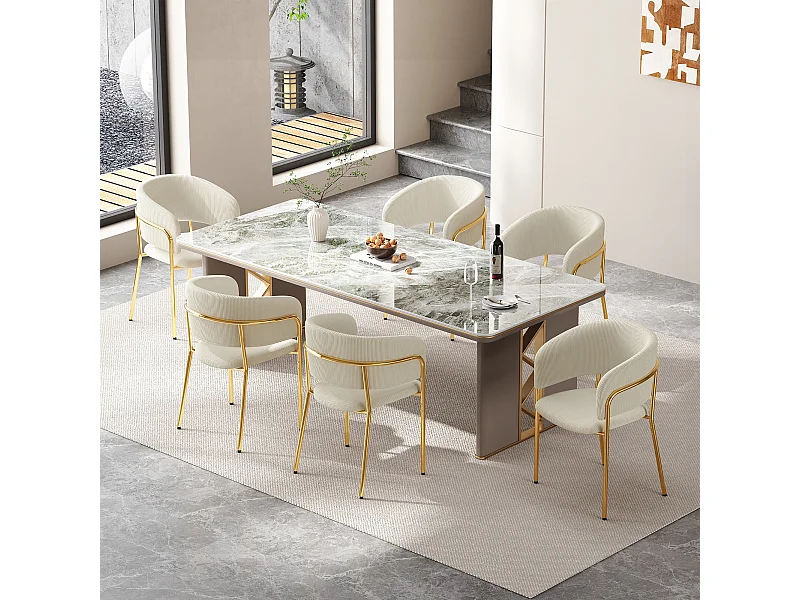 6er-Set moderner Stühle mit schrägen Beinen – 55 x 55 x 80 cm – goldfarbene Beine – für Wohn- und Esszimmer – Metall + Holz – beige