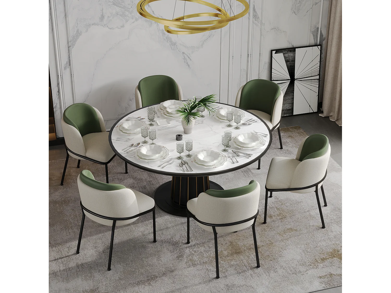 Lot de 6 chaises modernes à pieds inclinés - 55 x 55 x 85 cm - pieds noirs - métal + bois - beige + vert