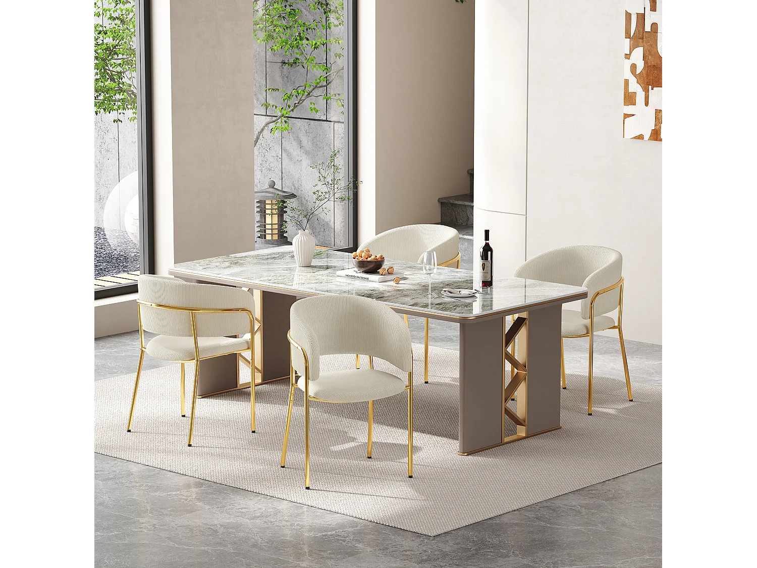 Set van 4 moderne stoelen met schuine poten - 55 x 55 x 80 cm - gouden poten - voor de woonkamer en eetkamer - metaal + hout - beige