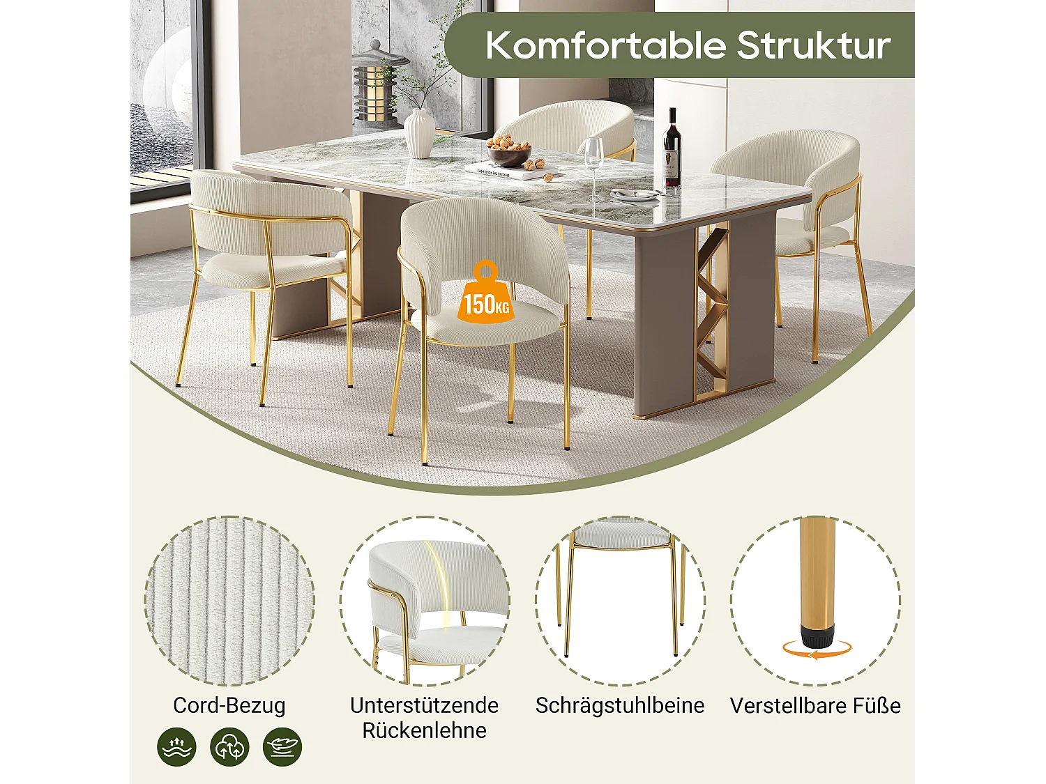 Set van 4 moderne stoelen met schuine poten - 55 x 55 x 80 cm - gouden poten - voor de woonkamer en eetkamer - metaal + hout - beige