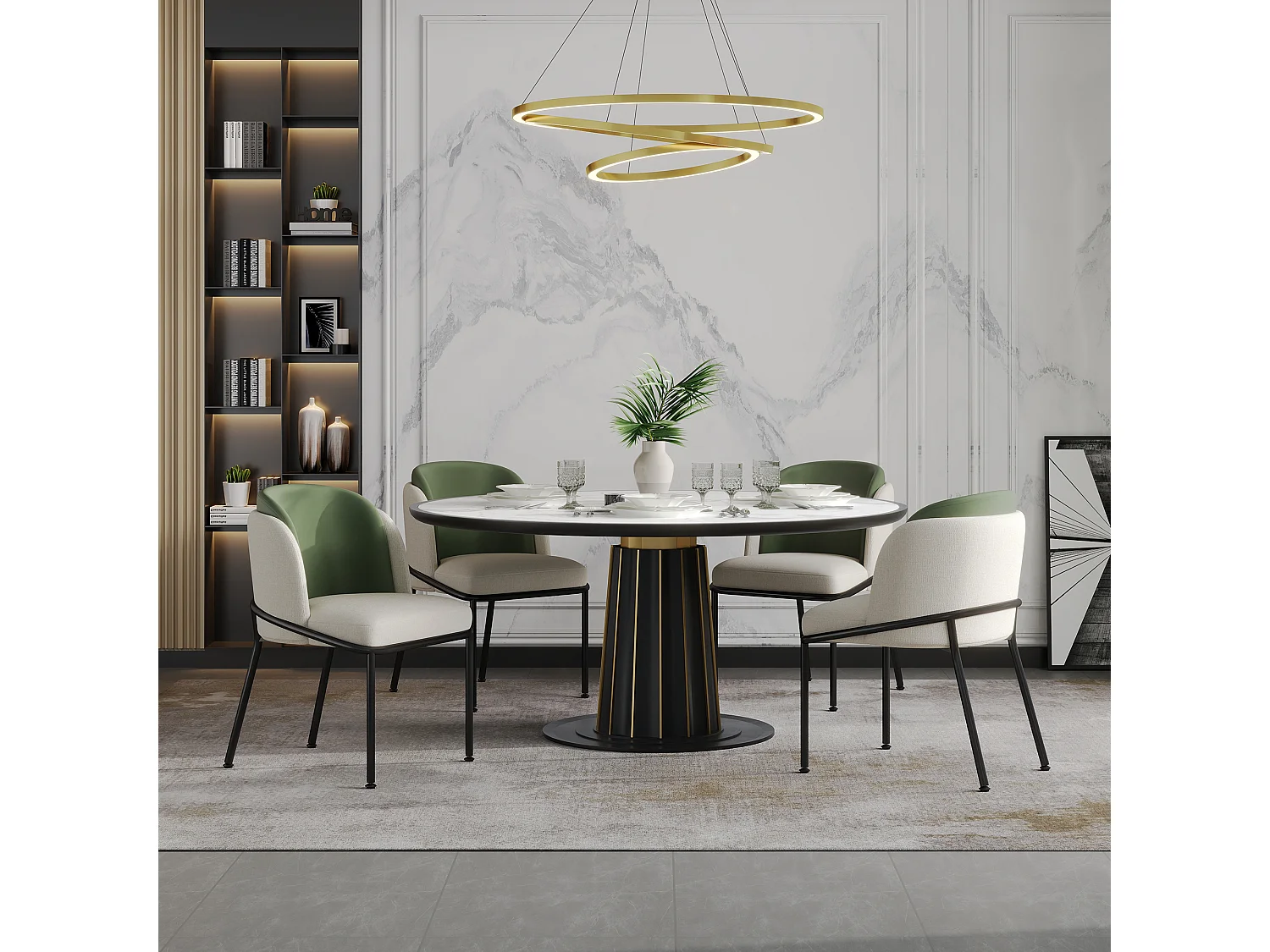 Set aus 4 modernen Stühlen mit schrägen Beinen – 55 x 55 x 85 cm – schwarze Beine – Metall + Holz – beige + grün