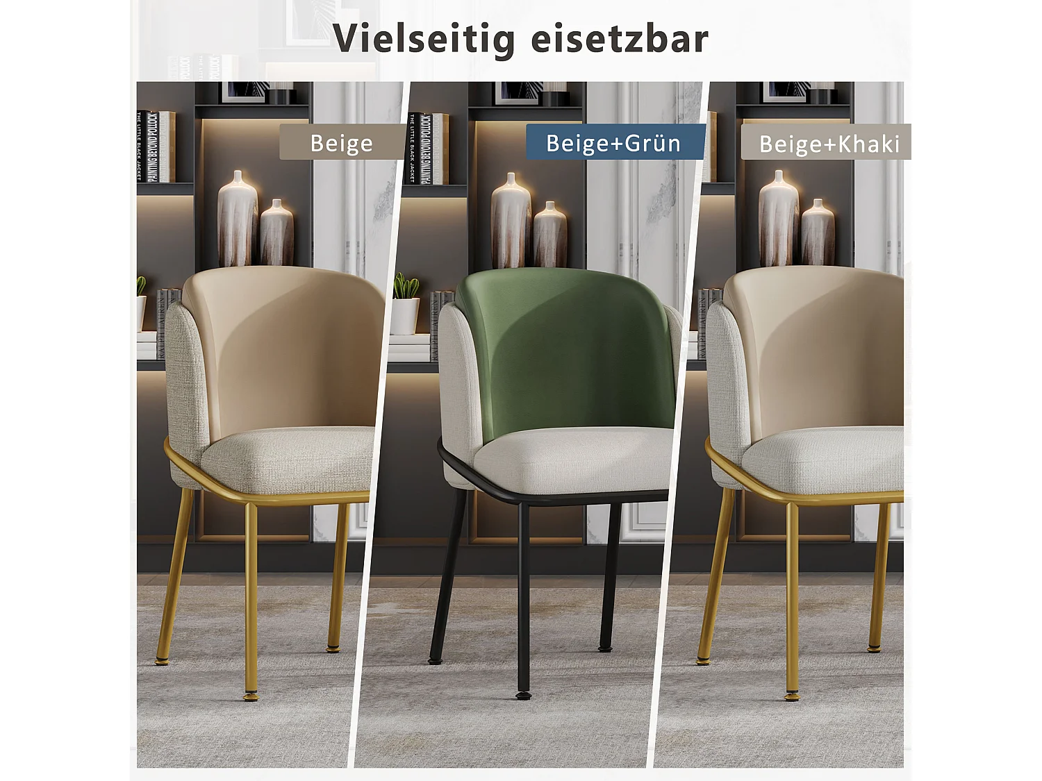 Set aus 4 modernen Stühlen mit schrägen Beinen – 55 x 55 x 85 cm – schwarze Beine – Metall + Holz – beige + grün