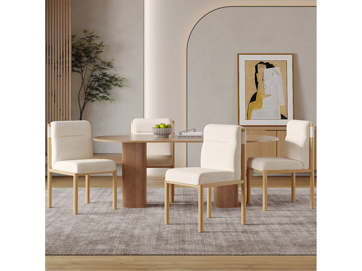 Lot de 4 chaises de salle à manger - 46 x 52 x 80.5 cm - structure effet chêne et assises rembourrées - tissu sherpa - beige.