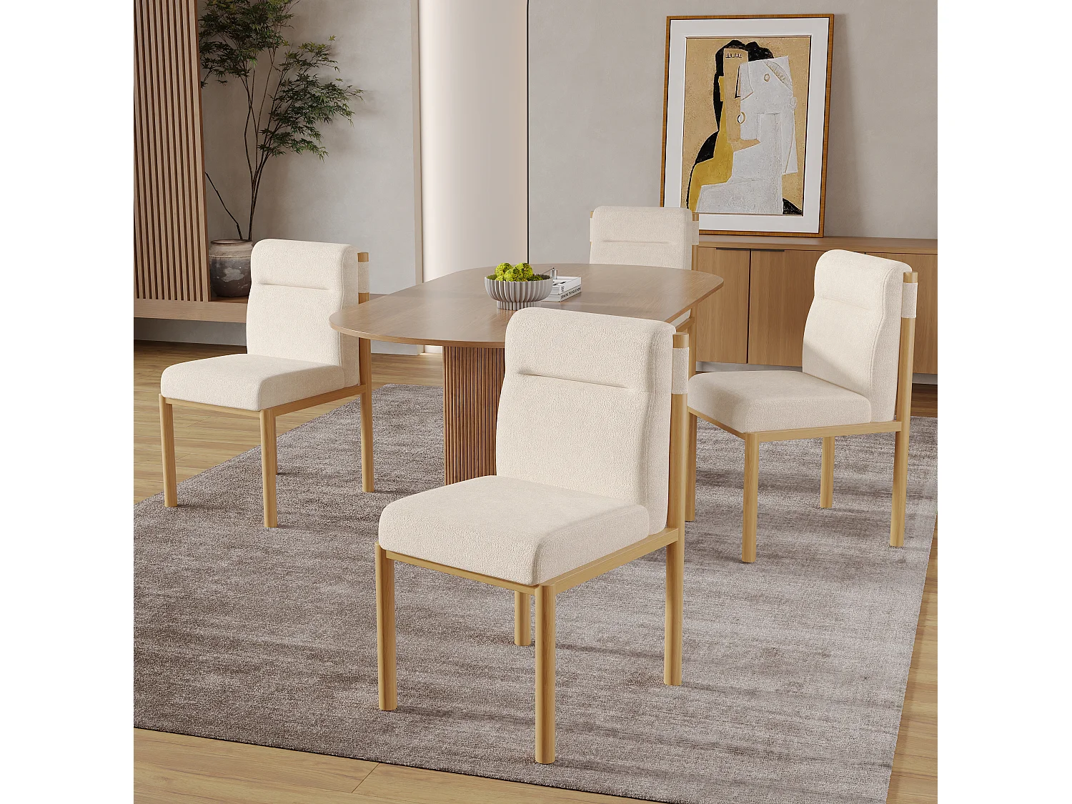 Lot de 4 chaises de salle à manger - 46 x 52 x 80.5 cm - structure effet chêne et assises rembourrées - tissu sherpa - beige.