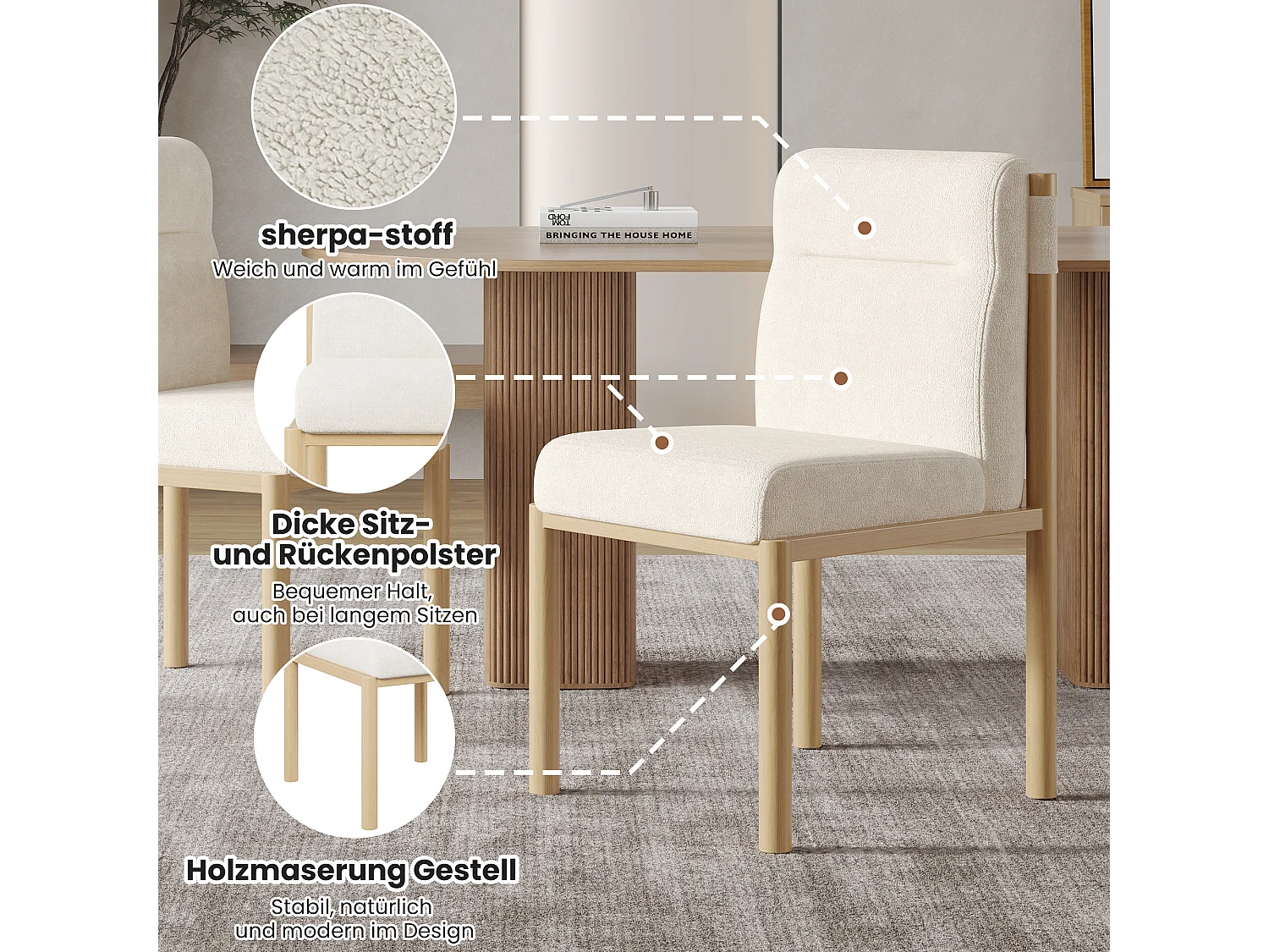 Lot de 4 chaises de salle à manger - 46 x 52 x 80.5 cm - structure effet chêne et assises rembourrées - tissu sherpa - beige.