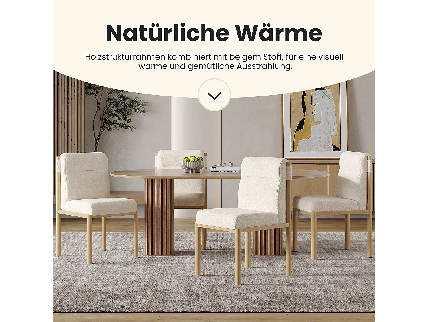 Lot de 4 chaises de salle à manger - 46 x 52 x 80.5 cm - structure effet chêne et assises rembourrées - tissu sherpa - beige.