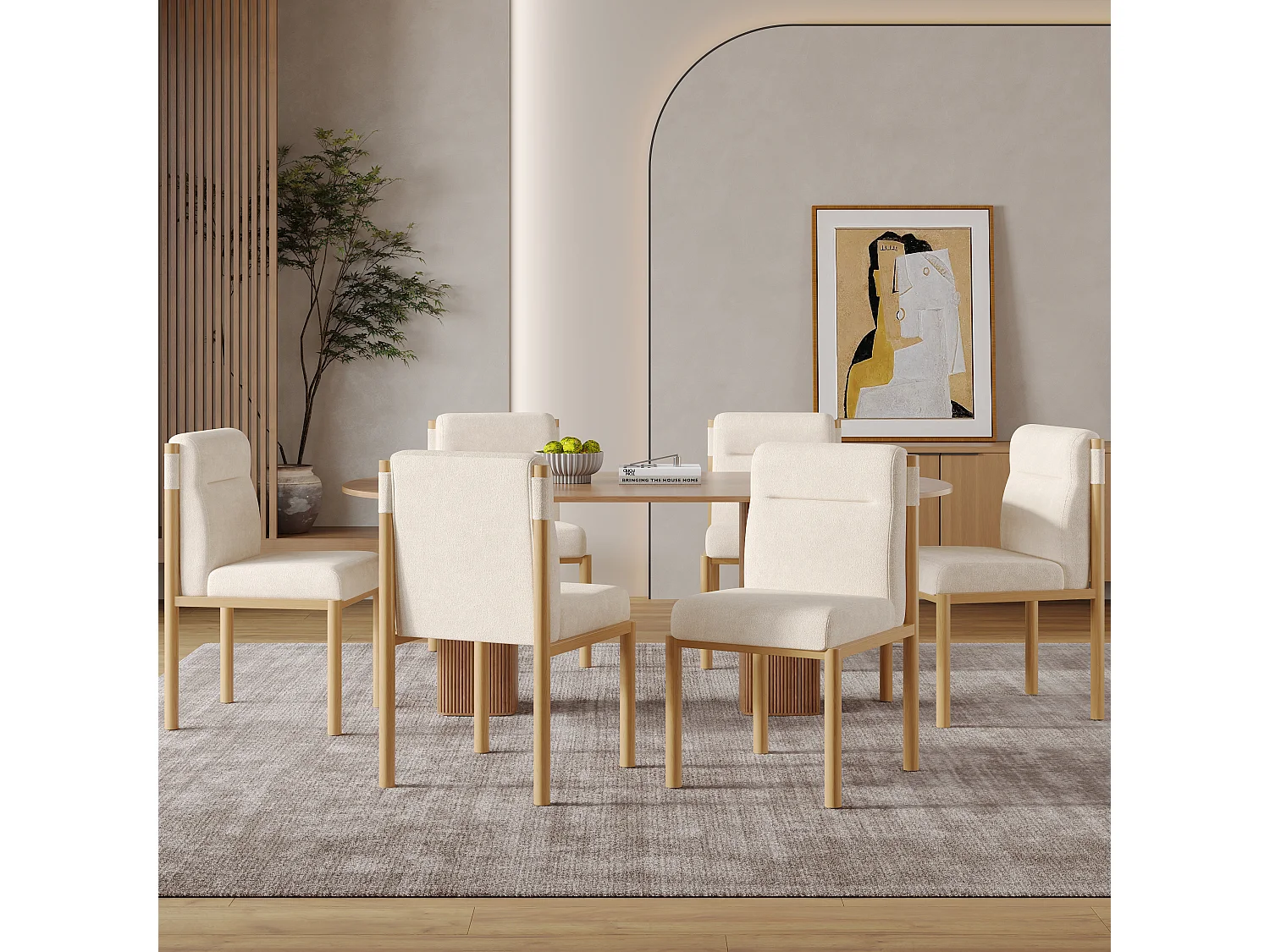 Lot de 4 chaises de salle à manger - 46 x 52 x 80.5 cm - structure effet chêne et assises rembourrées - tissu sherpa - beige.