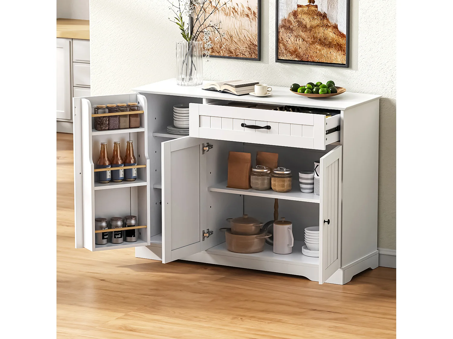 Buffet moderne et élégant - 107 x 40 x 83.4 cm - avec 3 portes + 1 tiroir - pour salle à manger et salon - MDF - blanc