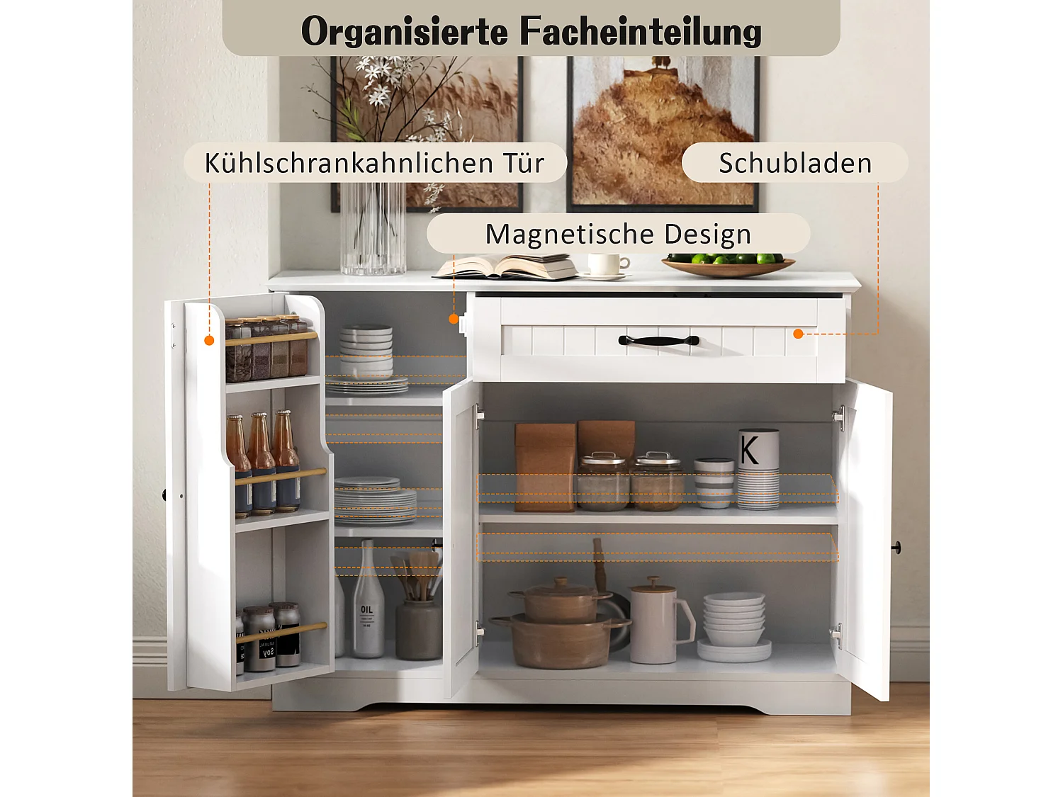 Buffet moderne et élégant - 107 x 40 x 83.4 cm - avec 3 portes + 1 tiroir - pour salle à manger et salon - MDF - blanc