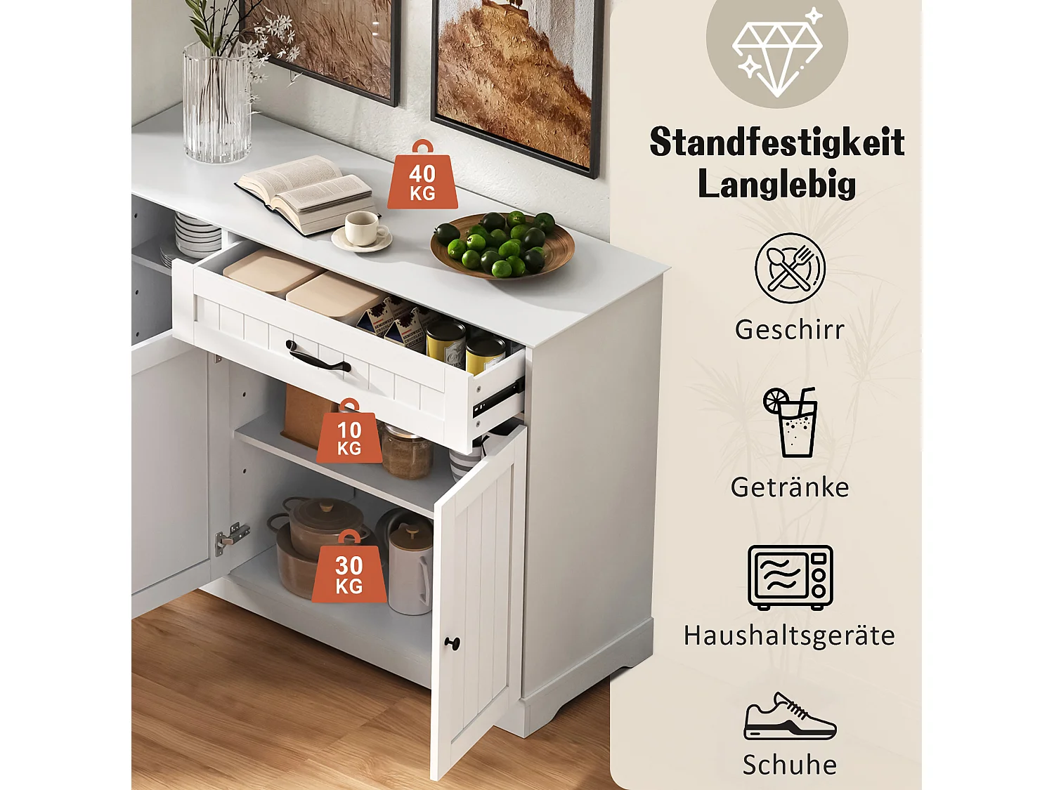 Buffet moderne et élégant - 107 x 40 x 83.4 cm - avec 3 portes + 1 tiroir - pour salle à manger et salon - MDF - blanc