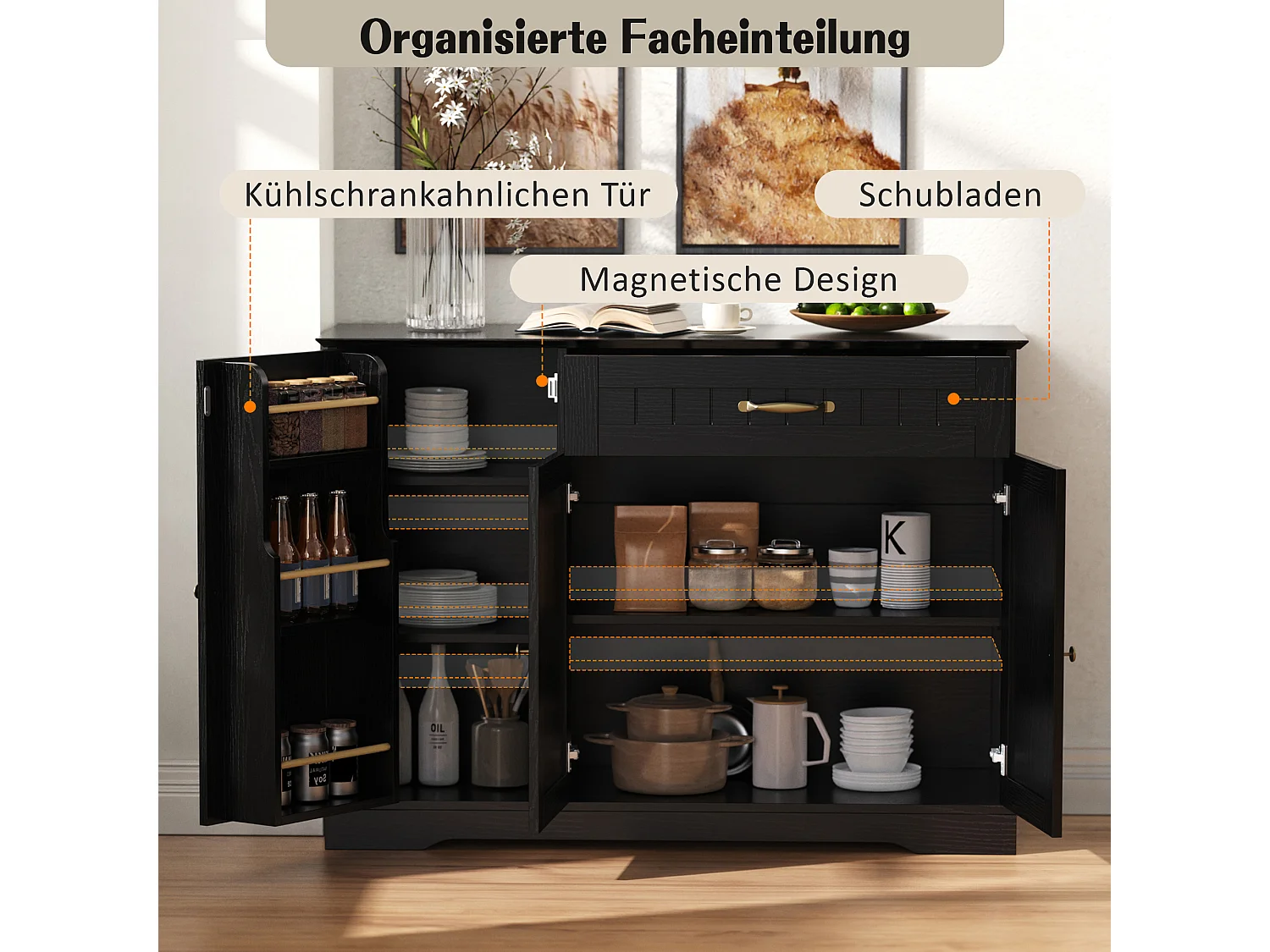 Buffet moderne et élégant - 107 x 40 x 83.4 cm - avec 3 portes + 1 tiroir - pour salle à manger et salon - MDF - noir