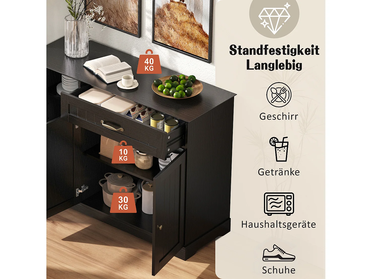 Buffet moderne et élégant - 107 x 40 x 83.4 cm - avec 3 portes + 1 tiroir - pour salle à manger et salon - MDF - noir