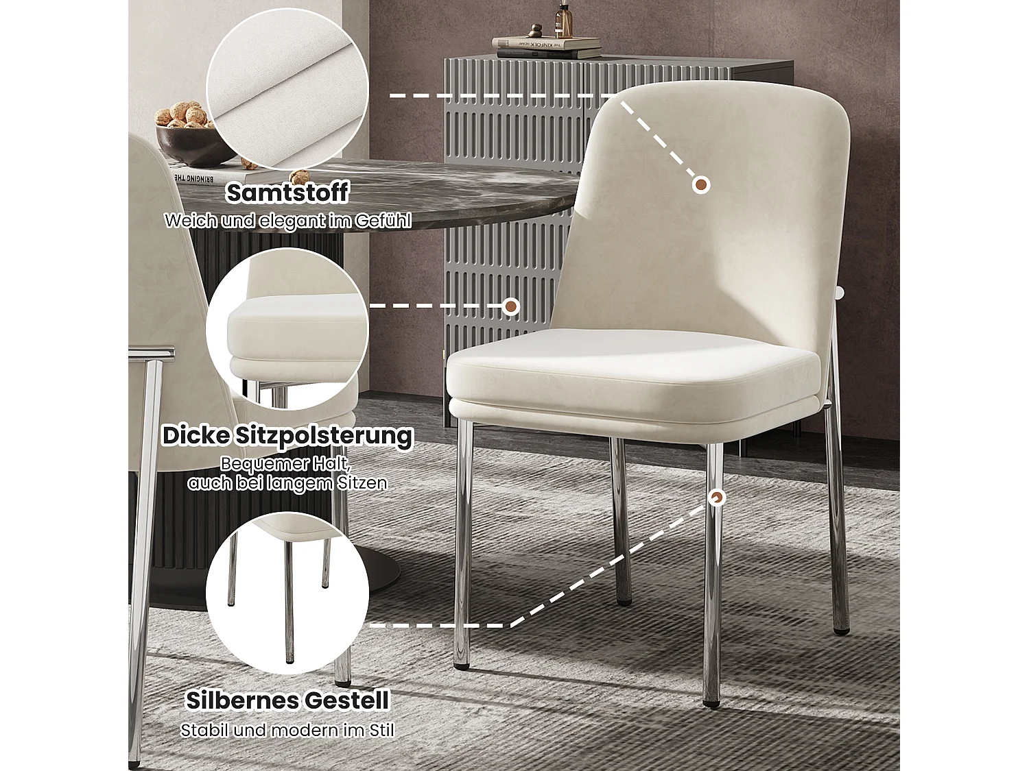 Juego de 2 sillas de comedor - 42,5 x 53 x 82 cm - con cojines de asiento gruesos y patas de metal plateado - terciopelo - beige