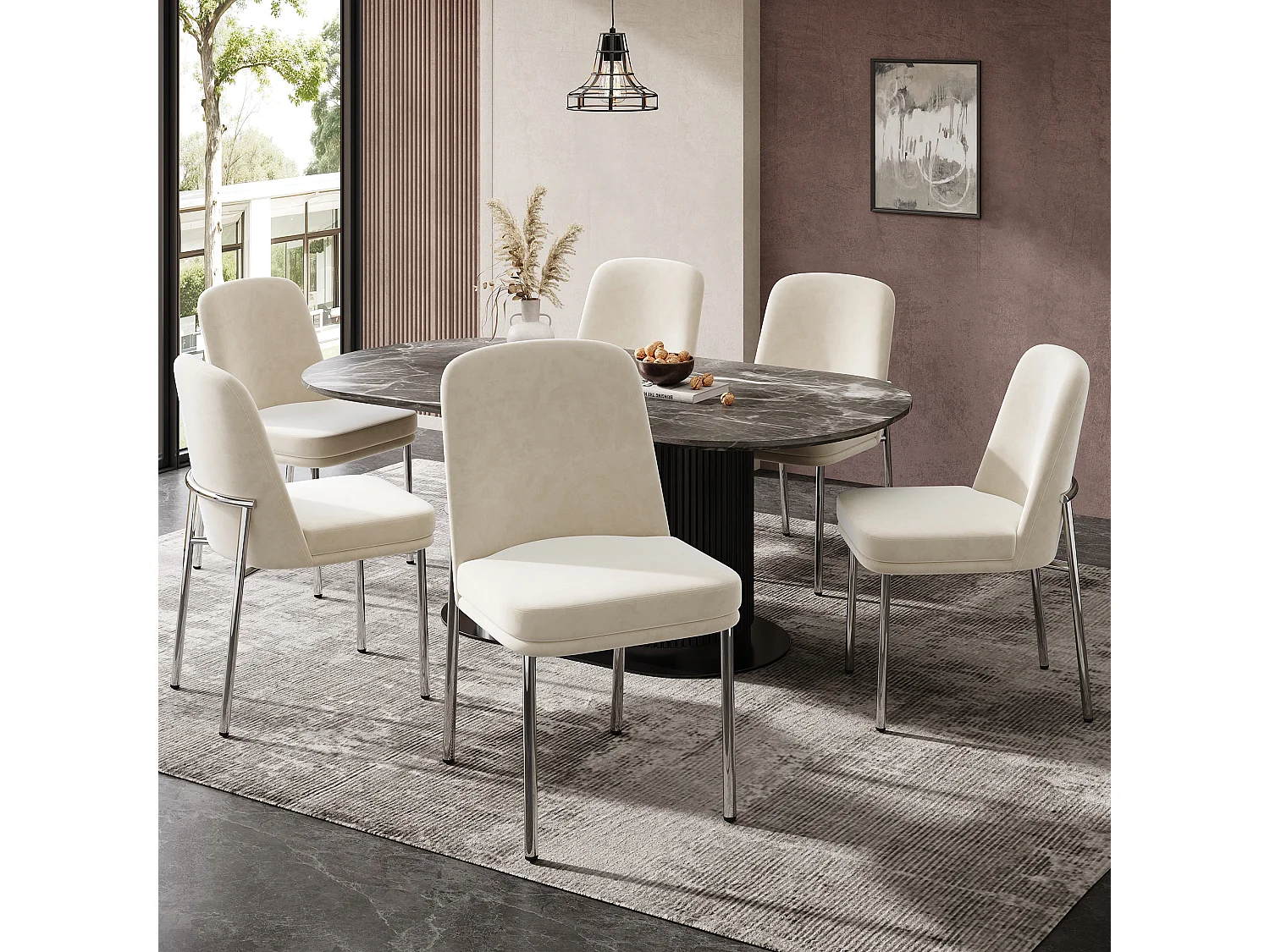 Juego de 2 sillas de comedor - 42,5 x 53 x 82 cm - con cojines de asiento gruesos y patas de metal plateado - terciopelo - beige