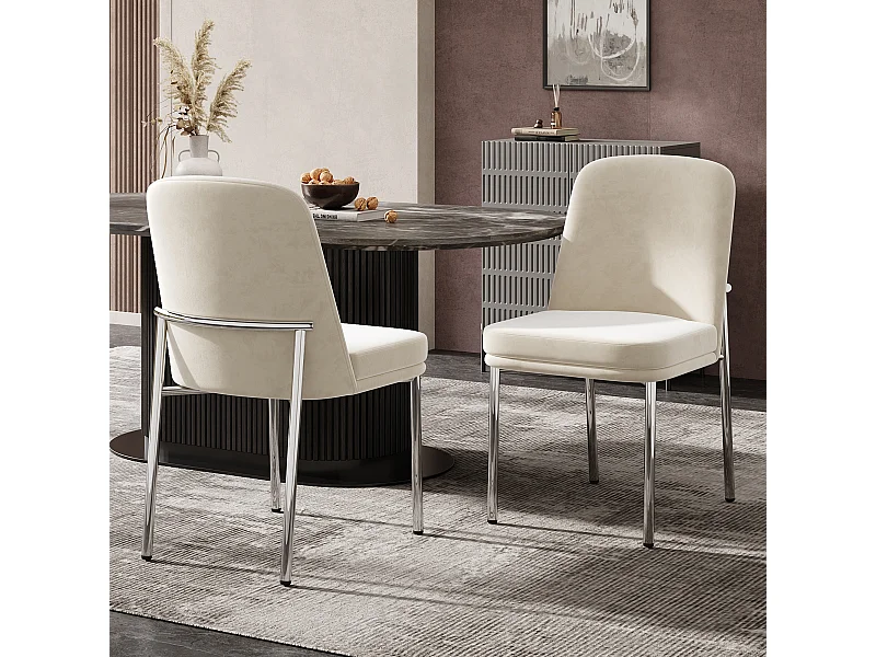 Lot de 2 chaises de salle à manger - 42.5 x 53 x 82 cm - avec coussins d'assise épais et pieds argentés en métal - velours - beige