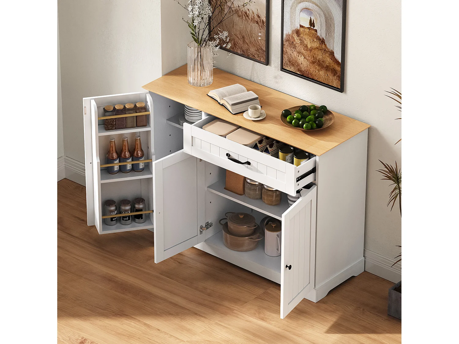 Buffet moderne et élégant - 107 x 40 x 83.4 cm - avec 3 portes + 1 tiroir - pour salle à manger et salon - MDF - blanc + naturel