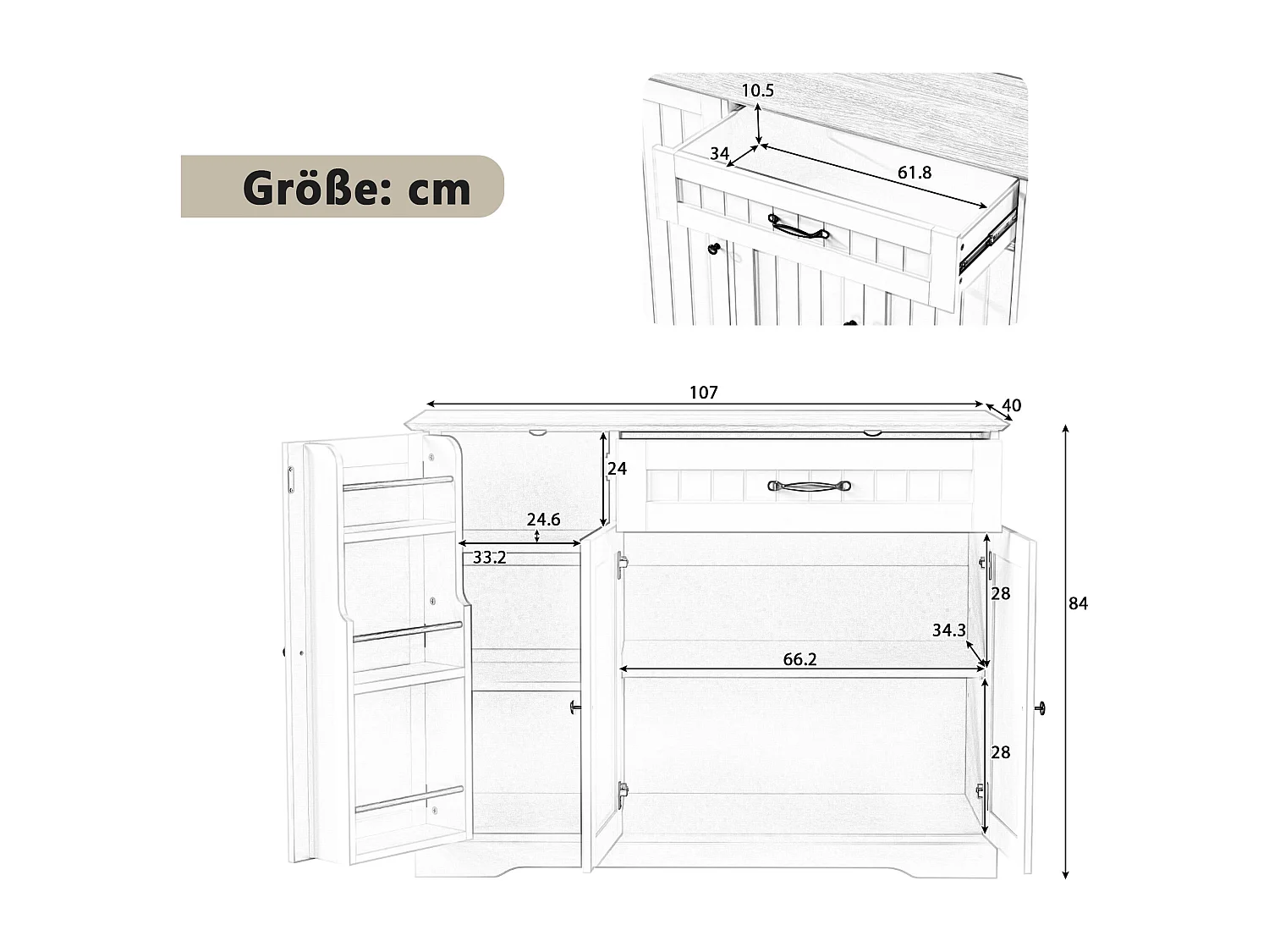 Buffet moderne et élégant - 107 x 40 x 83.4 cm - avec 3 portes + 1 tiroir - pour salle à manger et salon - MDF - blanc + naturel
