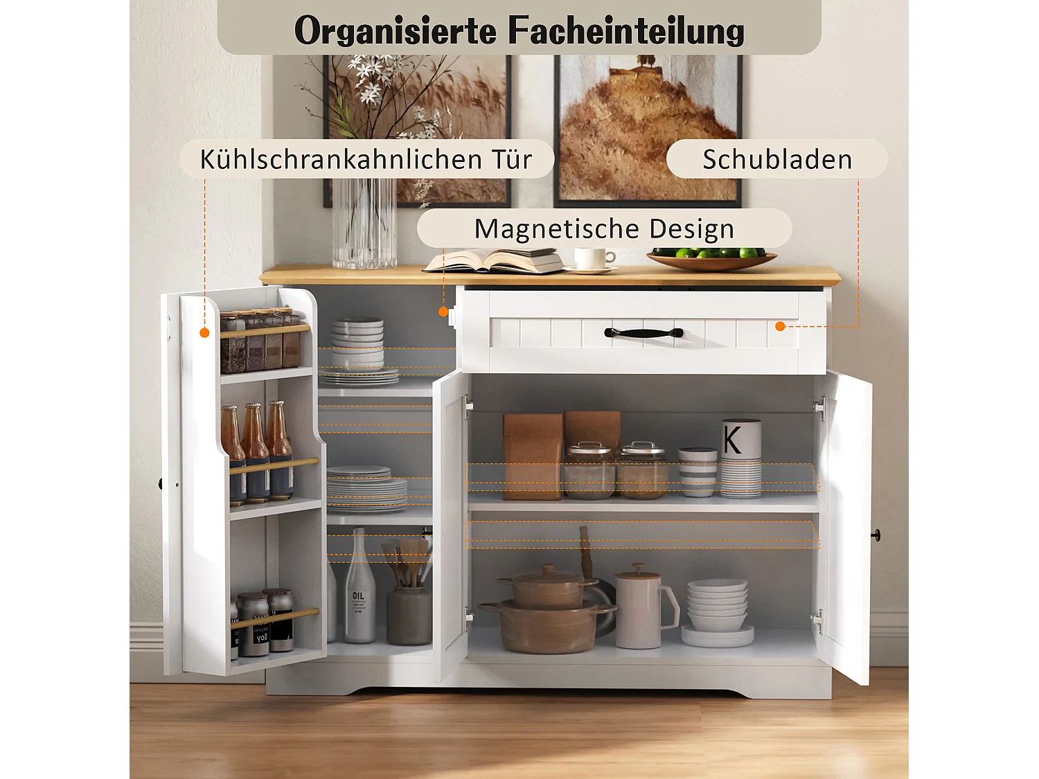 Buffet moderne et élégant - 107 x 40 x 83.4 cm - avec 3 portes + 1 tiroir - pour salle à manger et salon - MDF - blanc + naturel