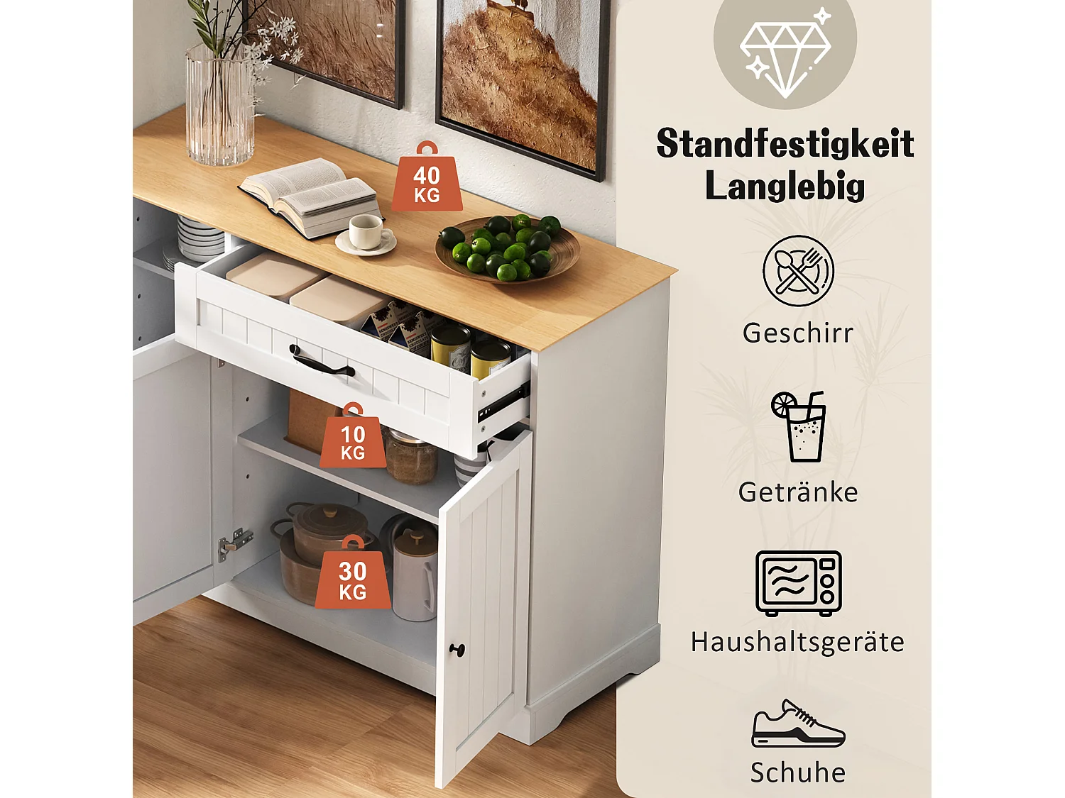 Buffet moderne et élégant - 107 x 40 x 83.4 cm - avec 3 portes + 1 tiroir - pour salle à manger et salon - MDF - blanc + naturel