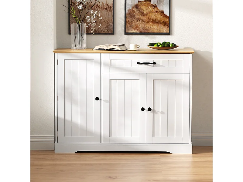 Buffet moderne et élégant - 107 x 40 x 83.4 cm - avec 3 portes + 1 tiroir - pour salle à manger et salon - MDF - blanc + naturel