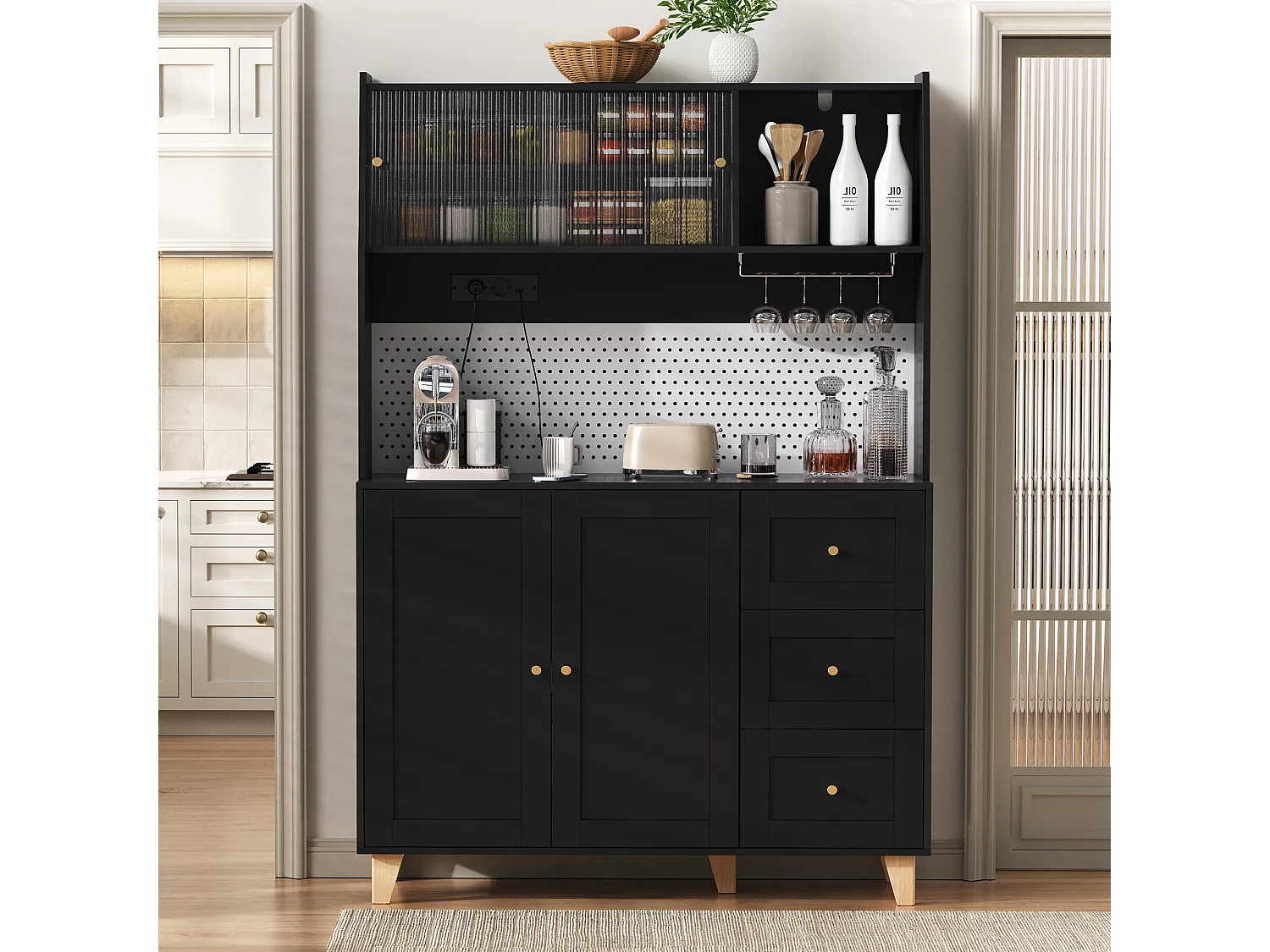 Hoge keukenkast met stopcontacten en ophangbord - 120 x 40 x 184 cm - met deuren + 3 laden + plank - MDF - zwart