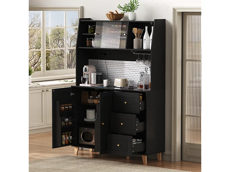 Hoge keukenkast met stopcontacten en ophangbord - 120 x 40 x 184 cm - met deuren + 3 laden + plank - MDF - zwart