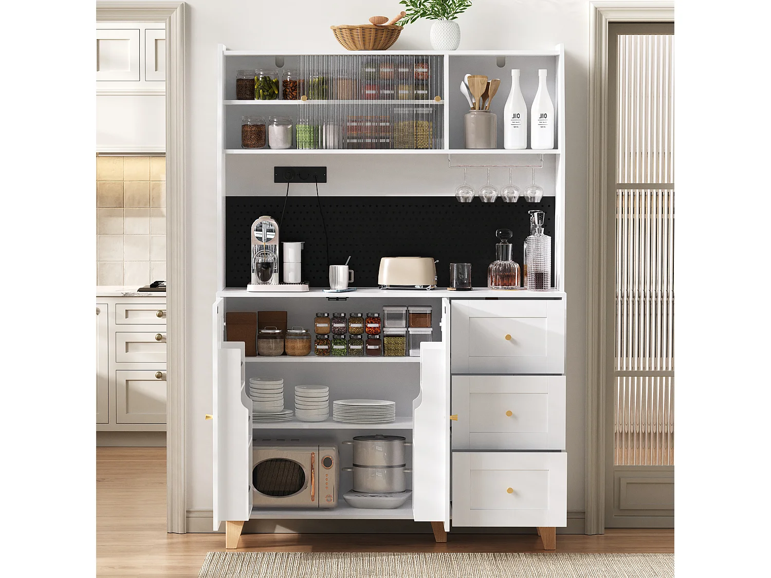 Credenza alta da cucina con prese e pannello forato - 120 x 40 x 184 cm - con ante + 3 cassetti + ripiano - MDF - bianco