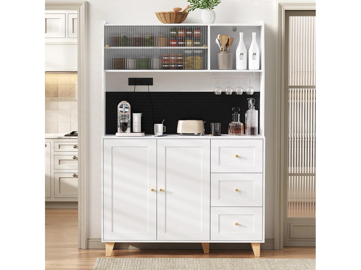 Credenza alta da cucina con prese e pannello forato - 120 x 40 x 184 cm - con ante + 3 cassetti + ripiano - MDF - bianco