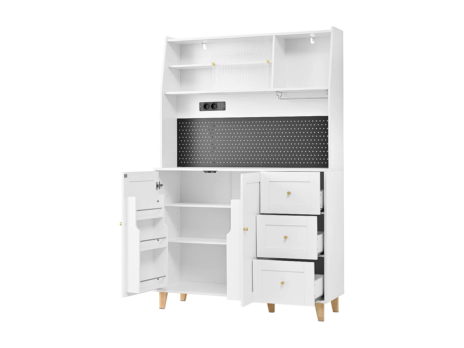 Credenza alta da cucina con prese e pannello forato - 120 x 40 x 184 cm - con ante + 3 cassetti + ripiano - MDF - bianco