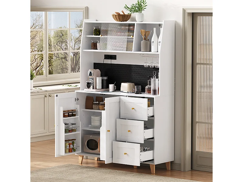 Buffet haute de cuisine avec prises et panneau perforé - 120 x 40 x 184 cm - avec portes + 3 tiroirs + étagère - MDF - blanc