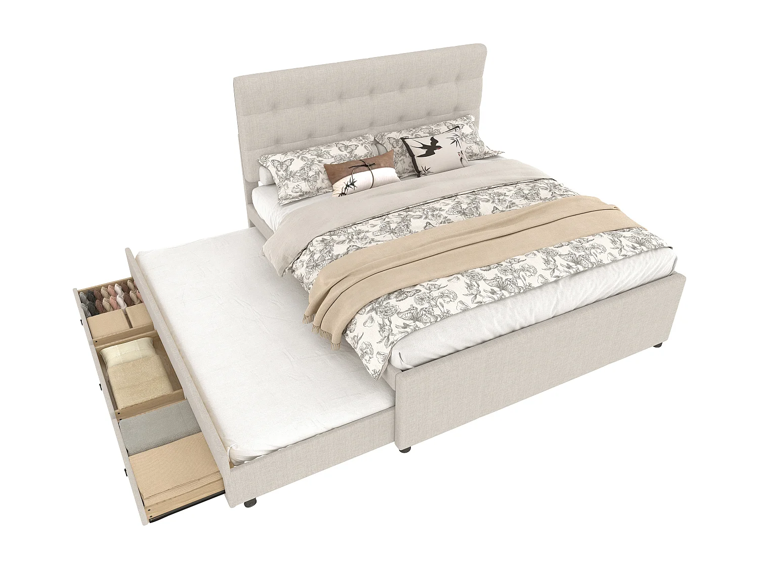 Ausziehbett mit 3 Schubladen – 140 x 200 cm + 90 x 190 cm – mit verstellbarem Kopfteil – Leinen – beige