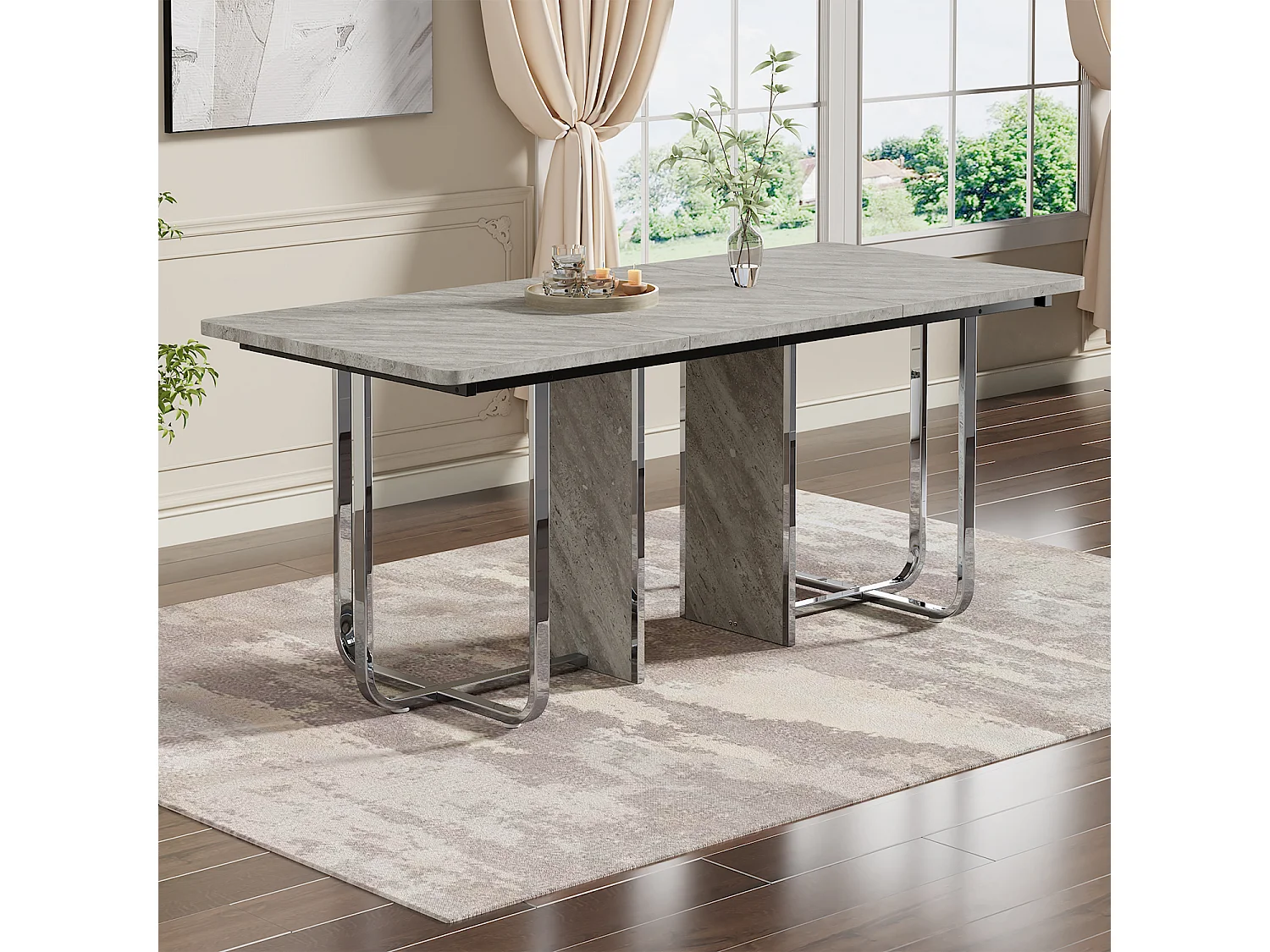 Moderne en stevige eettafel voor 6 personen - 180 x 80 x 75 cm - metalen poten - MDF + metaal - grijs en zilver