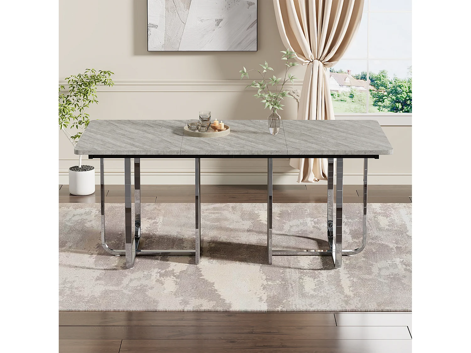 Moderne en stevige eettafel voor 6 personen - 180 x 80 x 75 cm - metalen poten - MDF + metaal - grijs en zilver