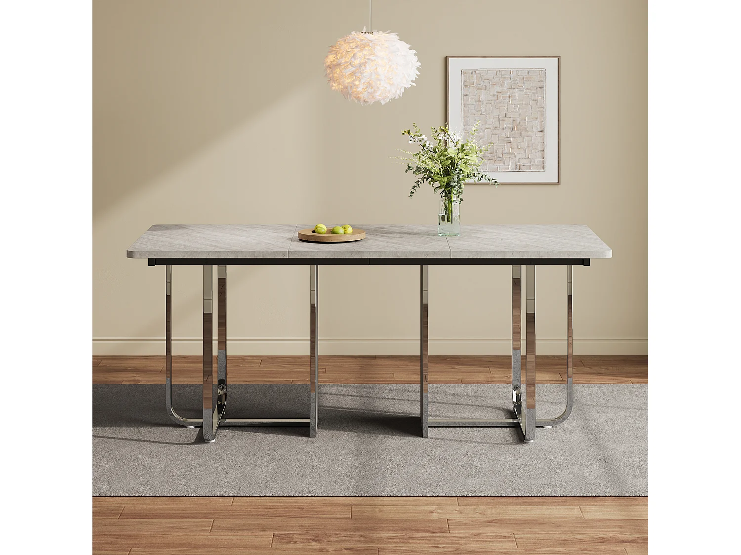 Moderne en stevige eettafel voor 6 personen - 180 x 80 x 75 cm - metalen poten - MDF + metaal - grijs en zilver
