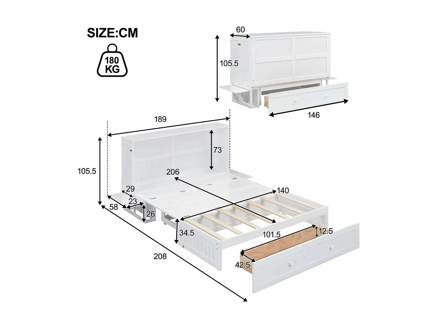 Lit escamotable mobile - 140 x 200 cm - lit convertible - avec tiroirs et étagère - pin et MDF - blanc
