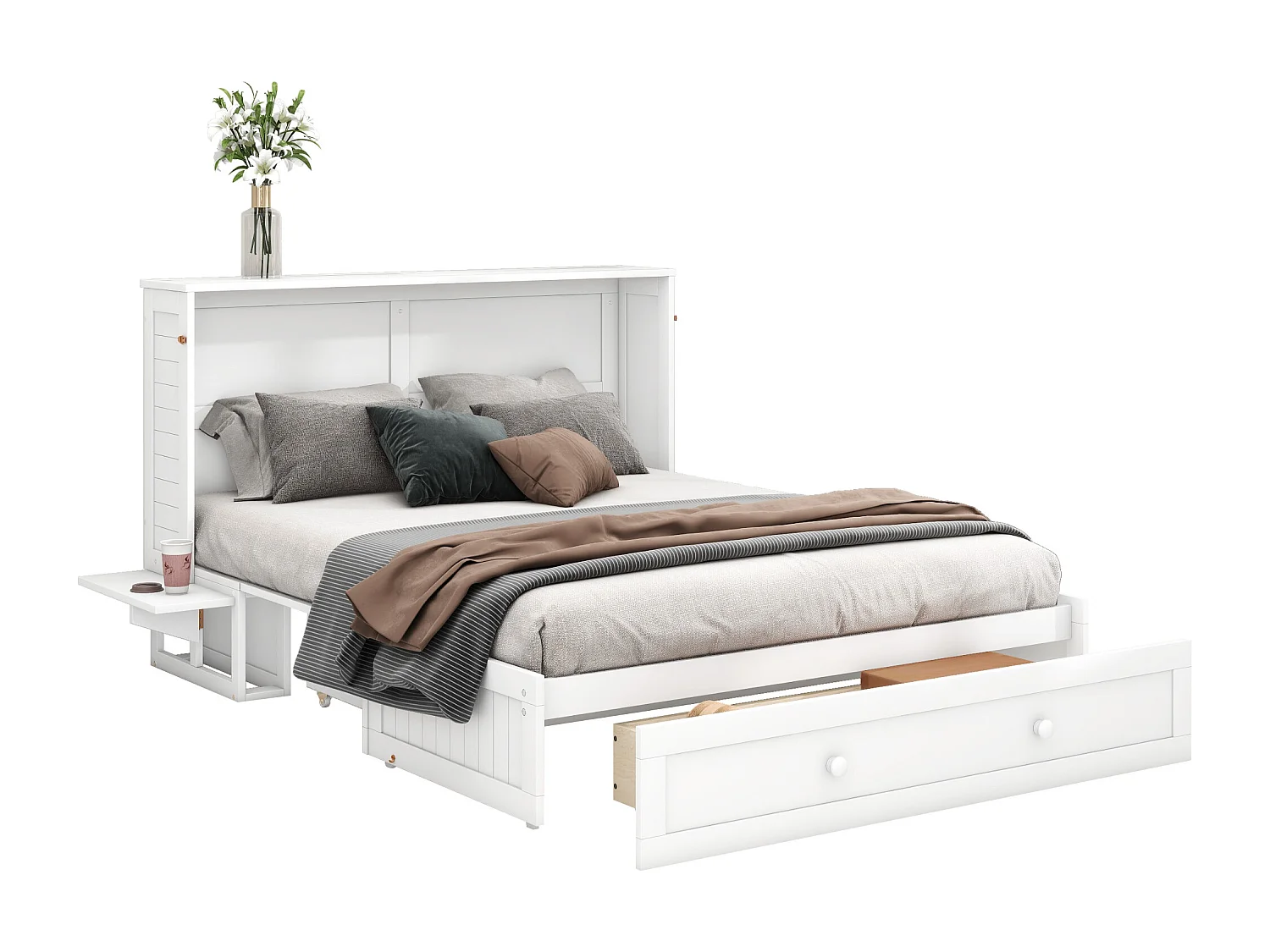 Lit escamotable mobile - 140 x 200 cm - lit convertible - avec tiroirs et étagère - pin et MDF - blanc